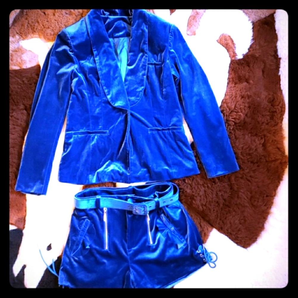 French style Shell, silk,Polyster blue Velvet Suit